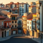 Vista urbana al atardecer de fachadas residenciales de estilo mediterráneo con tejados de teja, balcones y persianas cerradas en una calle curva vacía con farolas y locales cerrados, texto accesible y optimizado para búsqueda sobre 10 casos okupas resueltos exito espana.
