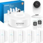 Conjunto visible de sistema de seguridad doméstico que incluye unidad central blanca con altavoz y logotipo AGSHOME SECURITY, cámara blanca con lente negra, cuatro detectores magnéticos para puertas o ventanas, dos mandos a distancia y caja de producto azul, AGSHOME Alarmas para casa con Cámara 1080P y Sirena 120dB, Sistema de Seguridad para Hogar con 2.4GHz, Batería 8 Horas, Notificaciones en Tiempo Real, Funciona con Alexa