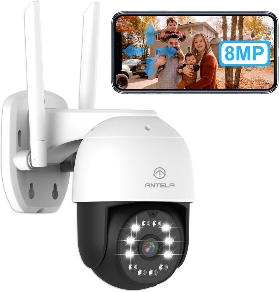 ANTELA Cámara WiFi de 8 MP, visión nocturna a color/IR/Smart de 50 m con proyector, detección de movimiento, 360° PTZ con grabación 24/7, IP65, 2,4 GHz
