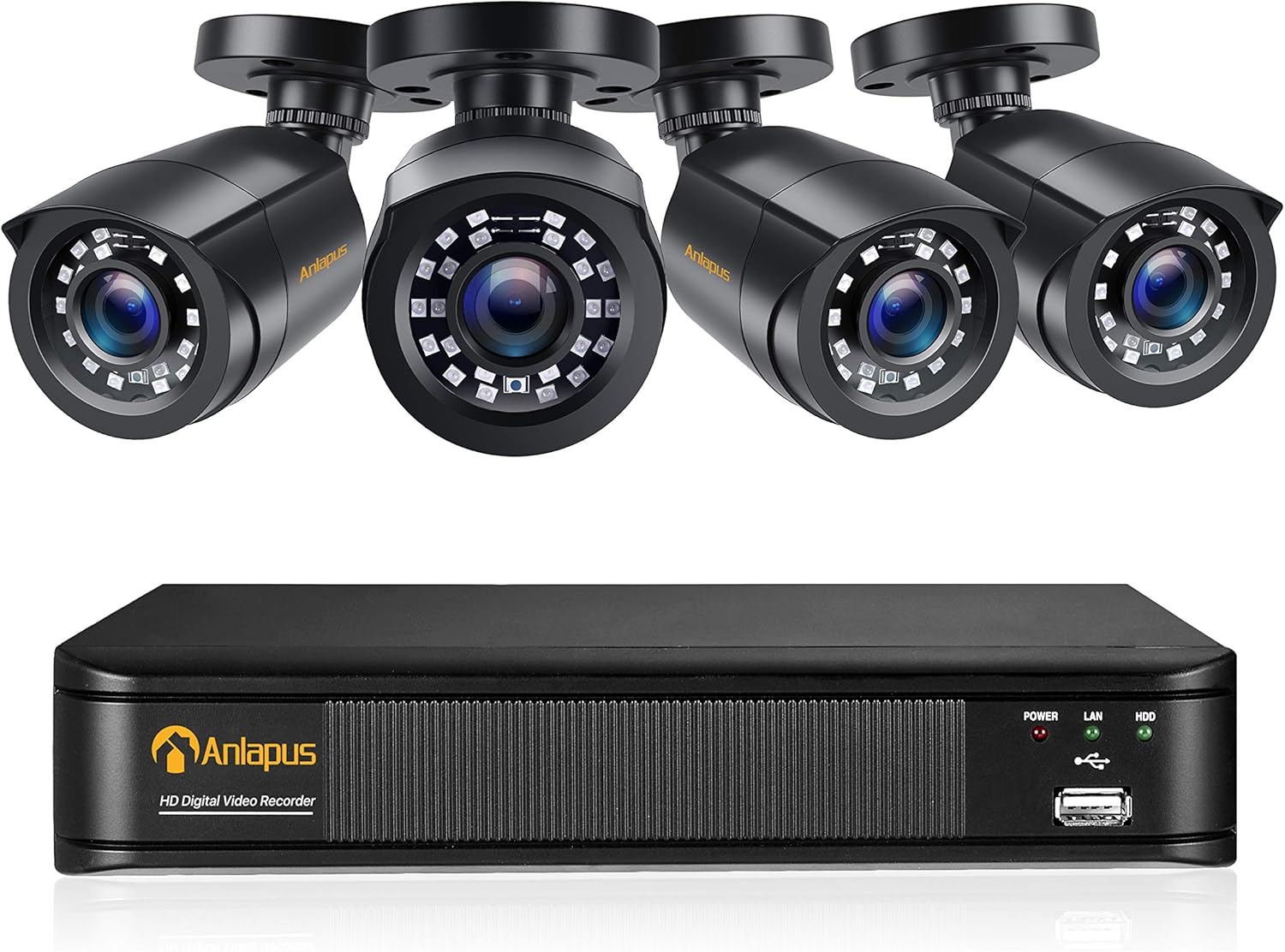 Anlapus 1080P Kit de Cámaras Seguridad 8CH H.265+ Videograbador DVR con 4 Cámara de Vigilancia Exterior, sin Disco Duro, Visión Nocturna, Alarma de Movimiento