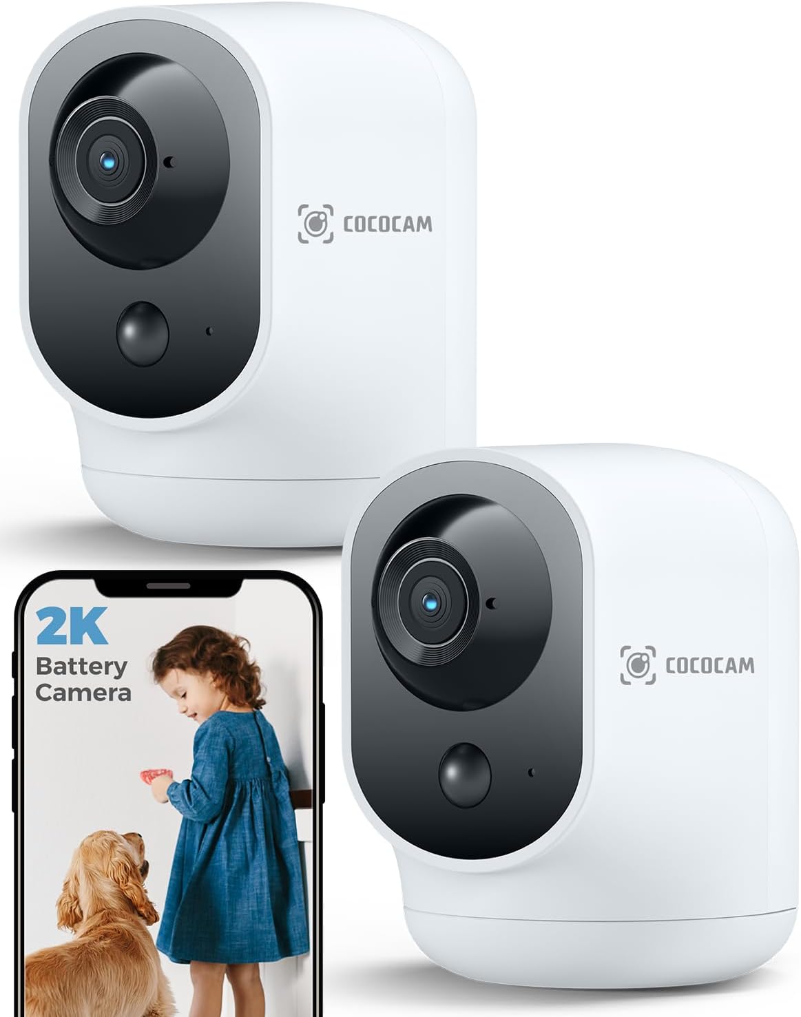 COCOCAM 2PCS 2K Camara Vigilancia WiFi Interior Sin Cable con Batería 5200mAh, 355°P 90°T, Inalámbrica para Bebés Mascotas Cuidado Ancianos, Reconocimiento AI, Detección Humana PIR