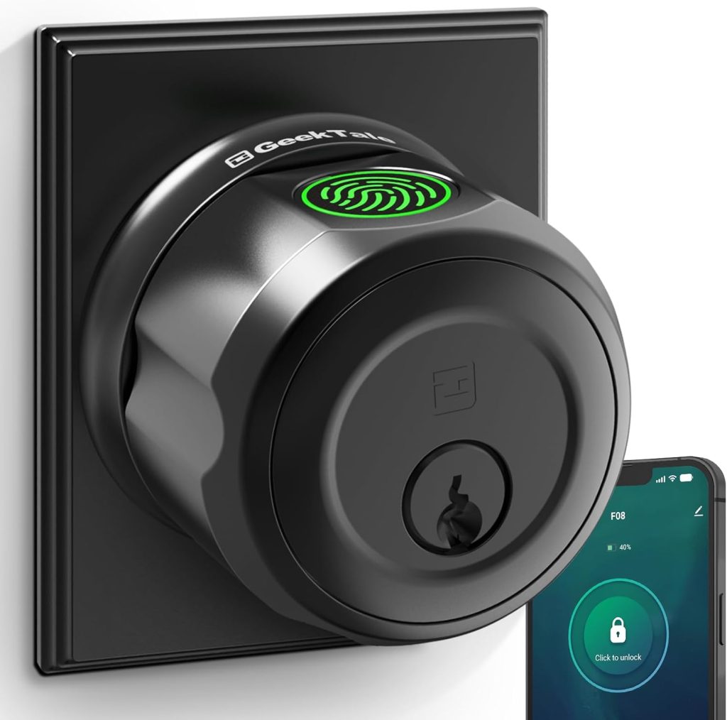 GeekTale Cerradura de puerta de huellas dactilares, cerradura de puerta de entrada sin llave, cerradura inteligente para puerta delantera, giro para bloquear y desbloquear, fácil instalación, perfecto