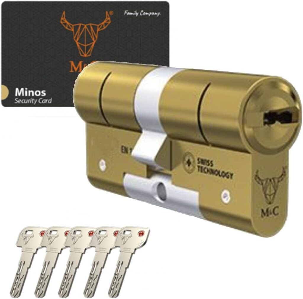 M&C Minos Bombín Cerradura Alta Seguridad Certificación Seguridad Máxima SKG 3 Estrellas 32x32mm Anti Bumping Resistente Taladro Tecnología Suiza Color Dorado 5 Llaves Incluidas, Pequeña