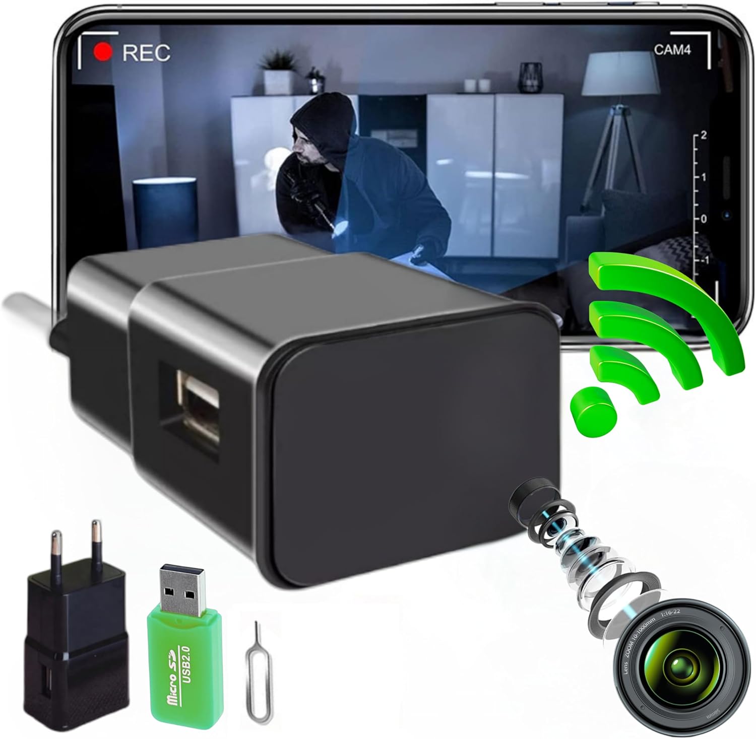 Mini Camara Espia Oculta Camuflada WiFi, (Sin Agujero de Lente), Sin Luz al Grabar, Completamente indetectable, Camara Vigilancia WiFi Interior, Versión 2025, Full HD Real, Detección de Movimiento