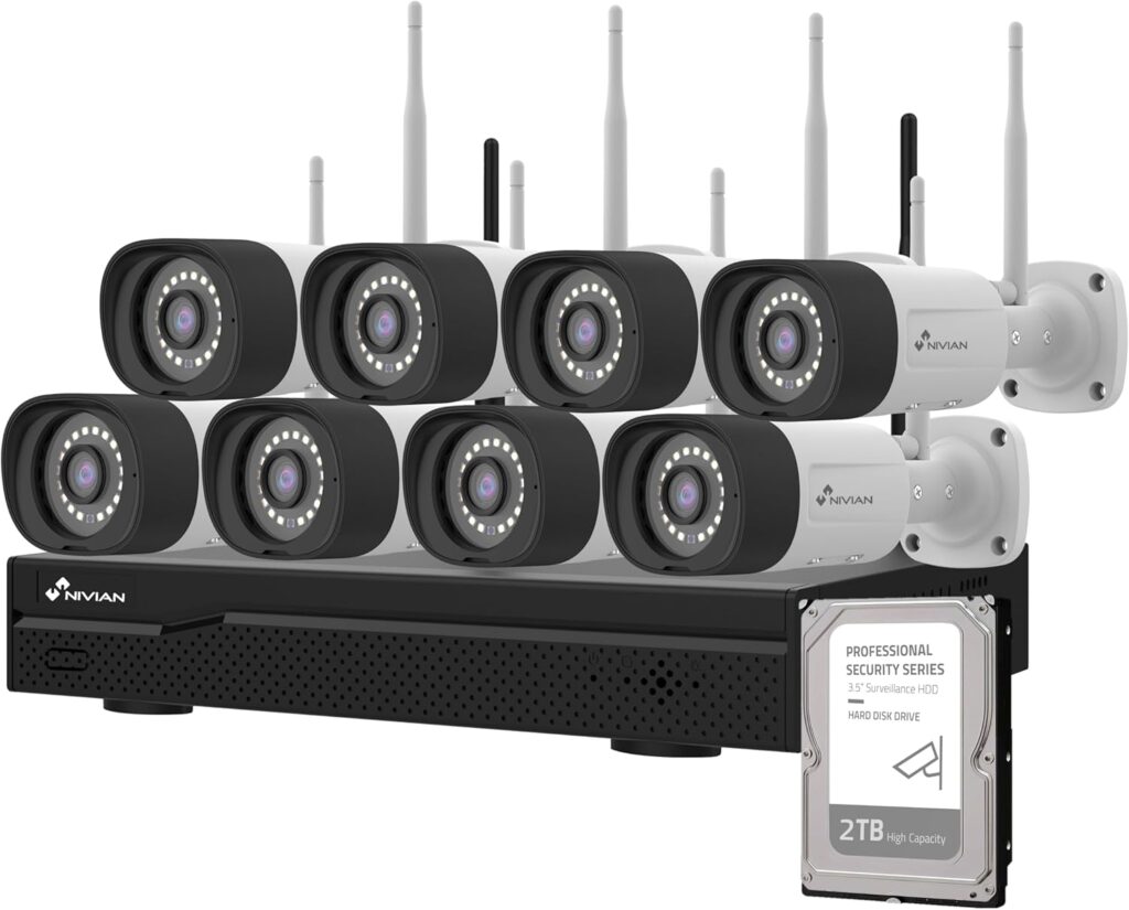 NIVIAN Kit Camaras de Vigilancia Profesional WiFi SuperHD con 8 Cámaras IP y Grabador con Disco Duro 16CH – para Casas y Negocios – Visión Nocturna, Detección Humana IA, Audio Bidireccional