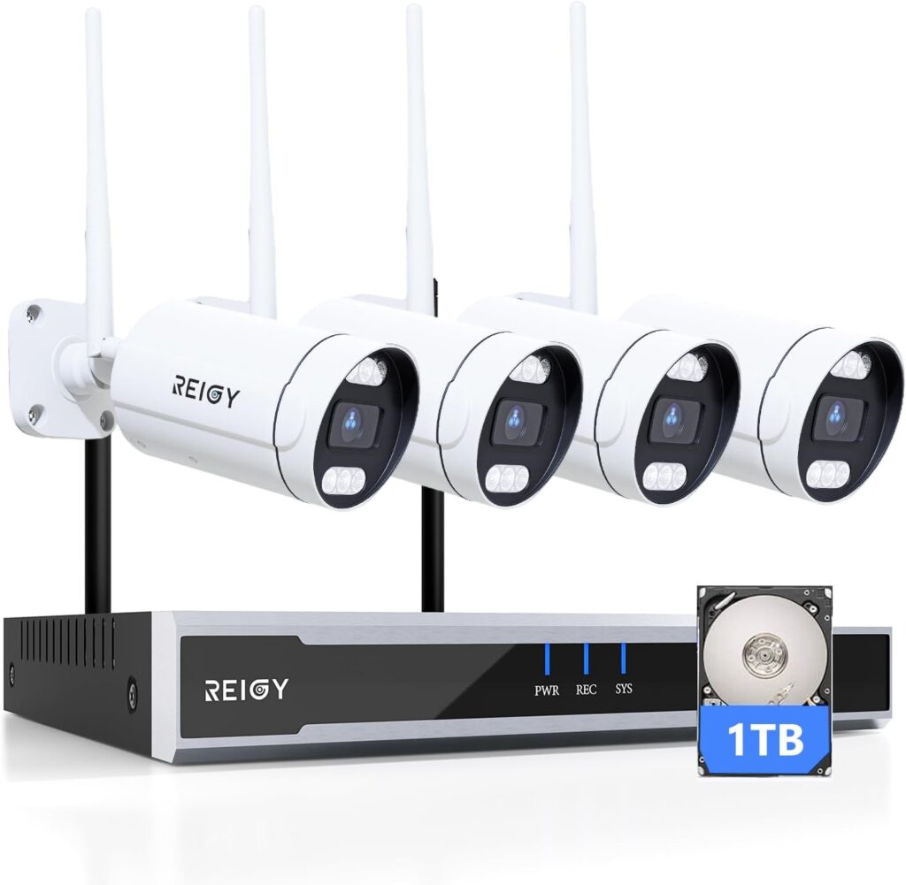 REIGY 5MP Kit Camara de Vigilancia WiFi Exterior con Disco Duro de 1TB, Sistema de Seguridad IP Interior 4X 1920P CAM y 16CH NVR, Visión Nocturna,Audio Bidireccional Detección Movimiento