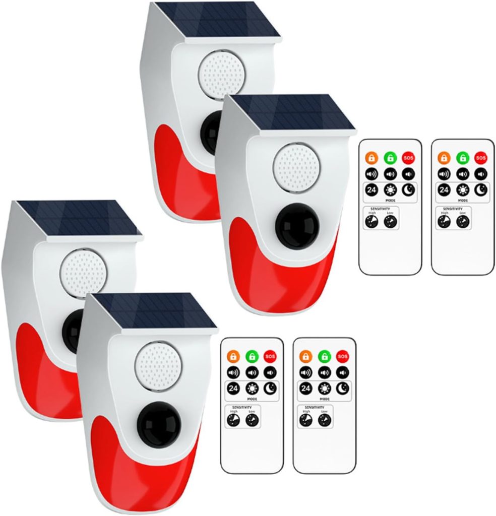 Sistemas de Seguridad para el hogar, Alarma Solar con Sensor de Movimiento con monitoreo Remoto, Alarma de casa Exterior Resistente a la Intemperie, 120 dB, 24 Horas, 3 Modos, 4 Piezas