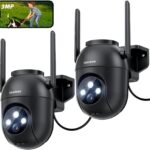 Dos cámaras de vigilancia WiFi negras montadas en soportes con antenas y cable visible, lentes rodeadas por tres LEDs para visión nocturna y un teléfono que muestra a un niño jugando con un perro; TOAIOHO 2K Cámara Vigilancia WiFi Exterior/Interior, Cámara Vigilancia 2PCS, Visión Nocturna Colorida, Protección Completa de 360 °, Audio Bidireccional, Alerta de Movimiento, Android/iOS,Negro