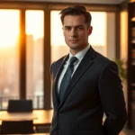 Retrato de un abogado joven y serio con traje y corbata en una oficina elegante con estanterías repletas de libros jurídicos y grandes ventanales que muestran la ciudad al atardecer, imagen profesional optimizada para contenido sobre Abogado para desahucio: precios y servicios 2025.