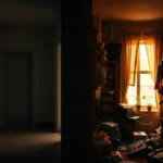 Interior de apartamento dividido entre un pasillo oscuro y una habitación desordenada iluminada por luz cálida que entra por una ventana con cortinas y plantas en el alféizar, con estanterías, pilas de libros y equipos electrónicos amontonados, composición visual útil para ilustrar allanamiento morada vs okupacion diferencias.