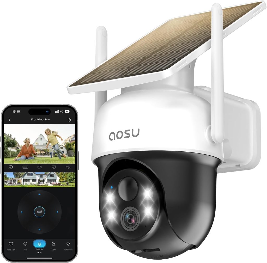 aosu Cámara de Vigilancia WiFi Exterior Solar 3MP 2K, 360° 2.4GHz con Panel Solar y Batería, Cámara de Seguridad Exterior Sin Cables con Detección PIR