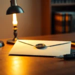 Sobre una mesa de madera iluminada por una lámpara vintage, un sobre cerrado con sello de lacre, acompañado de una pluma estilográfica y una libreta, evoca la formalidad de un Burofax inquilino moroso: modelo y guía de uso.