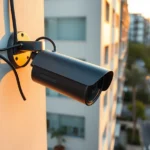 Cámaras de vigilancia anti-okupas: instalación de una cámara de seguridad exterior negra tipo cilindro montada en la fachada con cableado visible, orientada hacia la calle frente a un bloque de apartamentos y bañada por una luz cálida de atardecer para vigilancia perimetral y disuasión.