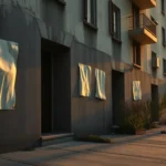 Fachada de edificio residencial al atardecer con paneles metálicos reflectantes sujetos a la pared junto a entradas y balcones, acera desierta y vegetación baja que crean una advertencia visual y transmiten que carteles disuasorios okupas funcionan.