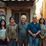 Seis adultos de mediana y avanzada edad alineados en un callejón frente a una fachada desgastada con puerta y grafiti, con semblantes serios y ropa cotidiana bajo luz cálida de atardecer, Caso okupas familia Valencia: análisis social