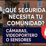 Fotografía de la fachada de una comunidad de vecinos con una cámara de seguridad tipo cúpula, un videoportero junto a la entrada y un icono de escudo con candado sobreimpreso que pregunta "¿Qué seguridad necesita tu comunidad?" y propone cámaras, videoportero o sensores; Parlament debate ley de Junts para que vecinos denuncien okupas.