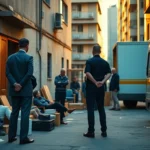 Hombres vestidos de traje y un guardia vigilan a un grupo de ocupantes sentados entre cajas, muebles y grafiti en un patio urbano con furgonetas de mudanza, ilustrando visualmente consultas sobre coste real desalojo okupas precios presupuestos