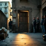 Imagen de pasillo urbano al atardecer con una puerta de madera entreabierta que proyecta luz dorada sobre el suelo, cajas y pertenencias esparcidas y varios agentes de policía alineados junto a la fachada, descripción accesible y optimizada para búsquedas sobre cuanto tiempo tarda desalojar okupas plazos reales