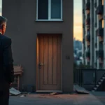 Hombre de espaldas con traje oscuro observa al atardecer una puerta de vivienda con escombros y tablas en la entrada frente a bloques de apartamentos, creando una escena urbana tensa que sugiere daños materiales; Demanda civil contra okupas: daños y perjuicios.
