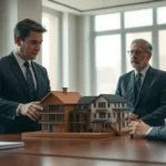 Tres hombres en traje alrededor de una mesa en una oficina luminosa examinando con atención una maqueta detallada de viviendas, imagen apropiada para contenidos sobre denunciar okupas proceso legal paso paso