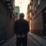 Persona mayor vista de espaldas, de pie con las manos entrelazadas detrás de la espalda en un estrecho callejón urbano iluminado por el atardecer, imagen que sugiere soledad, incertidumbre sobre la vivienda y búsqueda de información legal sobre desahucio impago proceso plazos 2025.