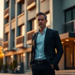 Un hombre vestido con un traje oscuro y camisa clara se encuentra de pie frente a un edificio moderno al atardecer, con un ambiente urbano que refleja un estilo de vida contemporáneo, ideal para ilustrar el tema de 'Desalojo de okupas legal: guía completa 2025 para propietarios'.