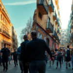 En una calle urbana, un grupo de policías se agrupa mientras varias personas caminan por la acera, con edificios de estilo clásico y moderno a ambos lados, reflejando un ambiente de actividad y tensión, resaltando el tema del 'Desalojo de okupas Madrid vs Barcelona: diferencias'.