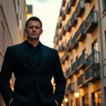 Hombre vestido con un traje negro, de pie en una calle iluminada por luces cálidas, rodeado de edificios modernos con balcones, reflejando un ambiente urbano y elegante, ideal para destacar 'desokupas barcelona servicios profesionales 24 horas'.
