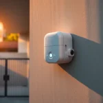 Sensor de movimiento blanco y compacto instalado en la pared exterior de una vivienda junto a una reja de entrada, con un LED azul encendido y una larga sombra al atardecer que transmite vigilancia perimetral y prevención de intrusiones — Detectores de movimiento para seguridad en el hogar: guía completa sobre detectores movimiento anti okupas guia.