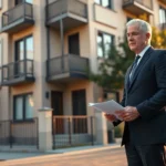 Hombre mayor con traje sosteniendo documentos frente a un edificio residencial moderno al atardecer, con mirada seria y postura profesional que sugiere gestión inmobiliaria o asesoría legal; Guía completa para echar okupas legalmente: paso a paso.
