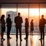 Seis profesionales de negocios en traje, en contraluz frente a amplios ventanales con vistas de ciudad al atardecer, conforman una escena corporativa nítida y accesible, ideal para ilustrar Empresas desokupas en Madrid: top 10 con precios y opiniones
