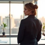 Mujer profesional de espaldas en una oficina moderna con grandes ventanales y vista urbana al atardecer, de pie junto a un escritorio con portátil y documentos, proyectando confianza y seriedad, Empresas mediadoras para inquilinos morosos.