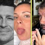 Cuatro personas aparecen en la imagen, cada una con diferentes expresiones faciales; a la izquierda, un hombre con barba y mirada seria, al lado un hombre con una sonrisa ligera, luego una mujer que saca la lengua y finalmente un hombre con cabello canoso que gesticula con las manos, en un contexto que sugiere una conversación animada, mientras se menciona el 'Desalojo de piso okupado en el barrio de la Mora de Badalona'.