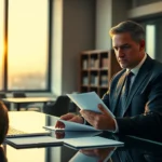 Abogado serio en traje sentado en un despacho moderno al atardecer, revisando con atención documentos sobre un escritorio de cristal frente a un interlocutor desenfocado y estanterías con libros, imagen optimizada para contenidos sobre inquilino moroso guia completa actuacion legal.