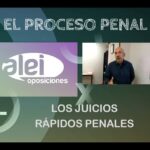 Diapositiva de presentación sobre el proceso penal con el logotipo de Alei Oposiciones y una ventana con un docente explicando los juicios rápidos penales, destacando que 'Juicios rápidos contra okupas no funcionan en Estado de derecho'.