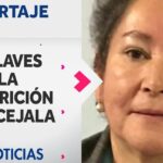 Primer plano sin identificar de una mujer adulta con expresión seria y pendientes de perla junto a un recuadro de reportaje de noticias con el titular "Las claves de la desaparición de concejala", descripción optimizada para SEO y accesibilidad.
