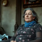 Mujer mayor sentada en un sofá con expresión seria y mirada cansada en un salón con plantas en maceta, cojines y un reloj en la pared, La impactante historia de una vecina de Leganés: el aterrador día a día con okupas que la tiene al borde del colapso