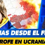 Miniatura de noticiario con un niño con la bandera de Ucrania pintada en la mejilla y pañuelo azul y amarillo llorando frente a un mapa de Ucrania en llamas y una presentadora con gafas a la derecha, junto a un rótulo azul y amarillo que anuncia "Noticias desde el frente" y texto alarmista sobre catástrofe en Ucrania — Vox exige desalojo inmediato de okupas en parking de Vall d’Hebron