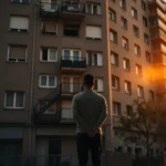 Persona de espaldas observa un bloque de viviendas al atardecer con balcones y ventanas en tonos cálidos, composición que evoca preocupación y reflexión sobre la vivienda ley vivienda okupas principales cambios