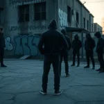 Varias personas encapuchadas se agrupan al atardecer en un patio urbano agrietado frente a un edificio abandonado con grafitis y una valla metálica, creando una escena clandestina y tensa para ilustrar Mafias de okupas: cómo operan las redes organizadas