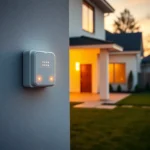 Alarma exterior compacta de diseño moderno con LEDs encendidos montada en la pared y, al fondo al atardecer, una vivienda unifamiliar con porche y ventanas iluminadas, imagen optimizada como Mejor alarma anti-okupas para casa vacía 2025