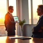 Dos ejecutivos en traje en una oficina con grandes ventanales al atardecer, uno presenta gráficos y diagramas en una tableta mientras el otro escucha sentado, imagen accesible y optimizada para búsquedas sobre mejores empresas desokupas espana comparativa precios