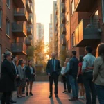 Grupo de vecinos y profesionales alineados en un pasillo entre dos edificios residenciales iluminados por la cálida luz del atardecer, con un hombre de traje en el centro que actúa como portavoz ante la comunidad y cartografía visual ideal para artículos sobre disputas de ocupación y aclarar el mito 48 horas okupas dice realmente ley.