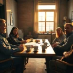 Grupo de adultos reunidos alrededor de una mesa en una sala iluminada por luz cálida de ventana, con tazas, papeles y bolígrafos sobre la mesa mientras conversan en aparente mediación y discusión, útil para ilustrar contenidos sobre negociacion okupas casos acuerdo y resolución de conflictos.