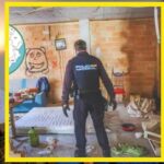Fotomontaje que muestra a un agente de la Policía Nacional inspeccionando una habitación de ladrillo sin revocar con colchón y enseres tirados y grafiti en la pared mientras dos hombres observan de perfil, evidenciando Estallido violento en Seseña Toledo con okupas y amenazas.