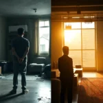 Composición dividida que muestra a la izquierda a una persona de espaldas en una vivienda oscura, desordenada y humilde y a la derecha a una persona de espaldas en un apartamento luminoso, ordenado y lujoso al amanecer, representando Okupación por necesidad vs lucrativa: diferencias