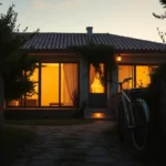 Fachada de una segunda residencia al anochecer con grandes ventanales iluminados y cortinas translúcidas, escalón exterior con luz, bicicleta apoyada junto a un camino empedrado flanqueado por muros de piedra y vegetación, Okupas Costa Brava: casos en segunda residencia