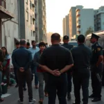Grupo de agentes uniformados y varios civiles reunidos en una calle entre edificios residenciales al atardecer, con pertenencias en el suelo junto a un vehículo policial, imagen adecuada para ilustrar búsquedas y contexto sobre 'okupas extranjeros deportacion procedimiento