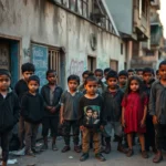 Grupo de niños y niñas con miradas serias y ropa sencilla, incluyendo una niña con vestido rojo en primer plano, parados en un estrecho callejón de un barrio urbano con fachadas desgastadas, grafitis, puertas abiertas, escombros y una moto apoyada, escena que sugiere viviendas ocupadas y precariedad y plantea Niños en barrio urbano okupas menores aspectos legales eticos.