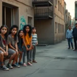Un grupo de seis niños, en un ambiente urbano, se sienta en una calle desierta con edificios de fondo, mientras dos adultos observan al fondo; la imagen evoca la temática de 'Okupas menores: responsabilidad de los padres'.
